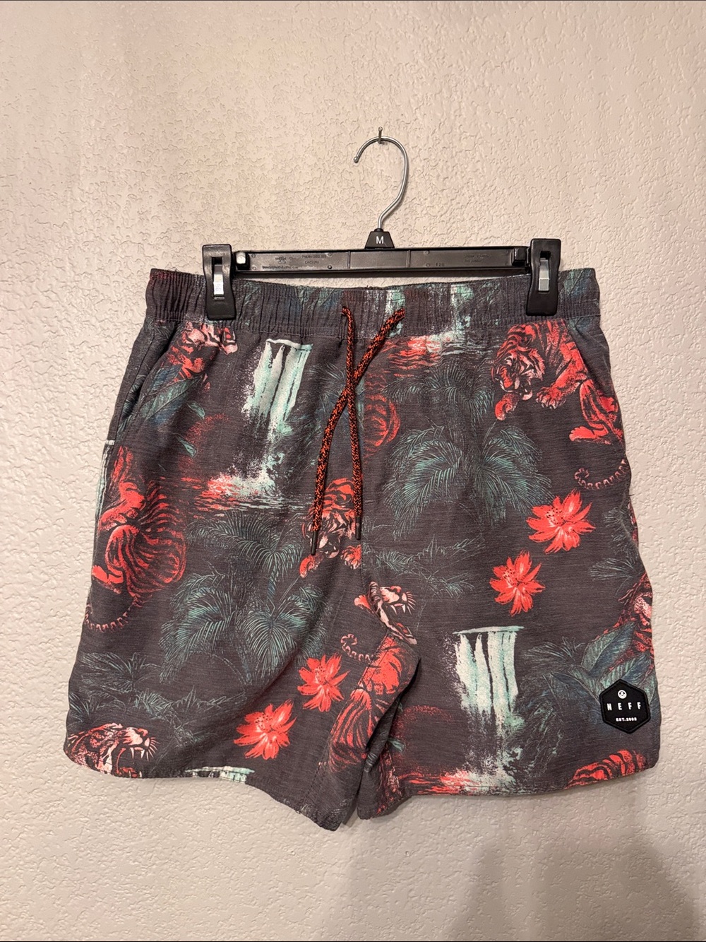 Neff Men’s Dark Gray Tropical Swim Trunks with Red Floral Print